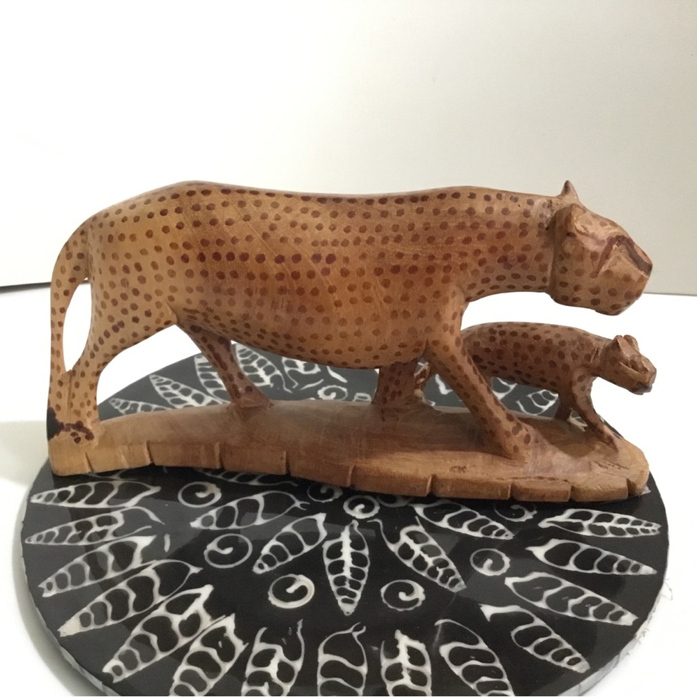 Hand carved wood cheetah and cub